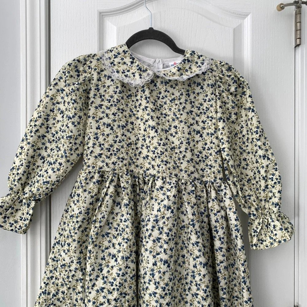 Dress Up America Girls Floral Prairie Dress Blue Cream Pioneer Costume Size 8-10